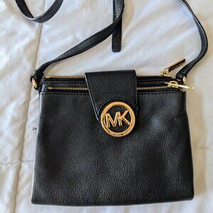 Michael Kors Black Leather Crossbody Bag with Gold MK Logo